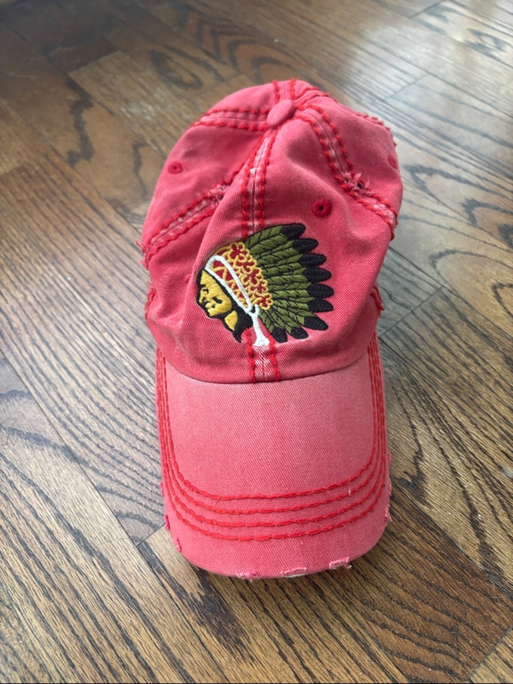 Red Baseball Cap with Embroidered Native Chief Patch - Brand